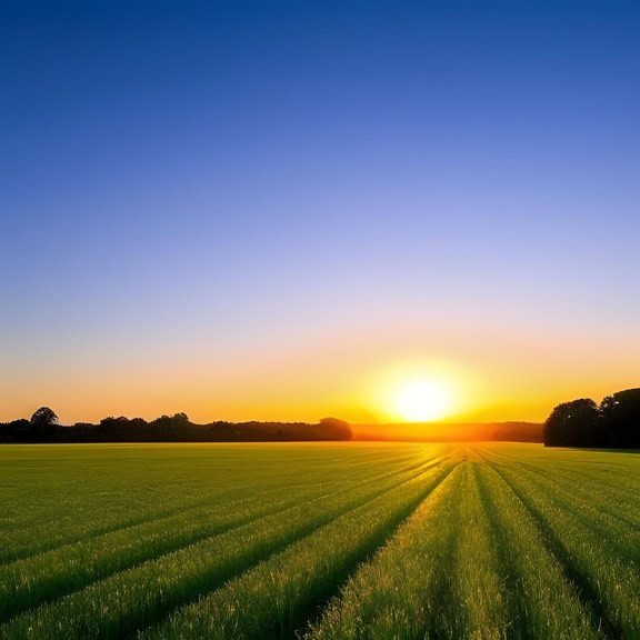 Grafik af en diset solnedgang over en græsmark på landet