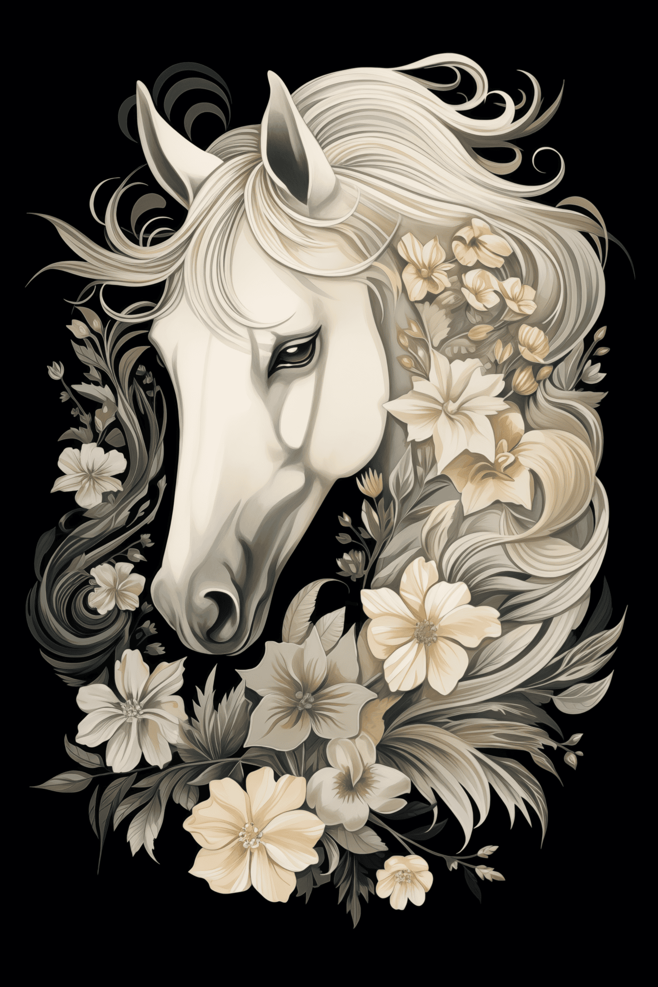 Illustration en noir et blanc d’une tête de cheval blanc avec des décorations florales