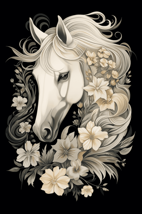 Czarno-biała ilustracja głowy białego konia z dekoracjami kwiatowymi