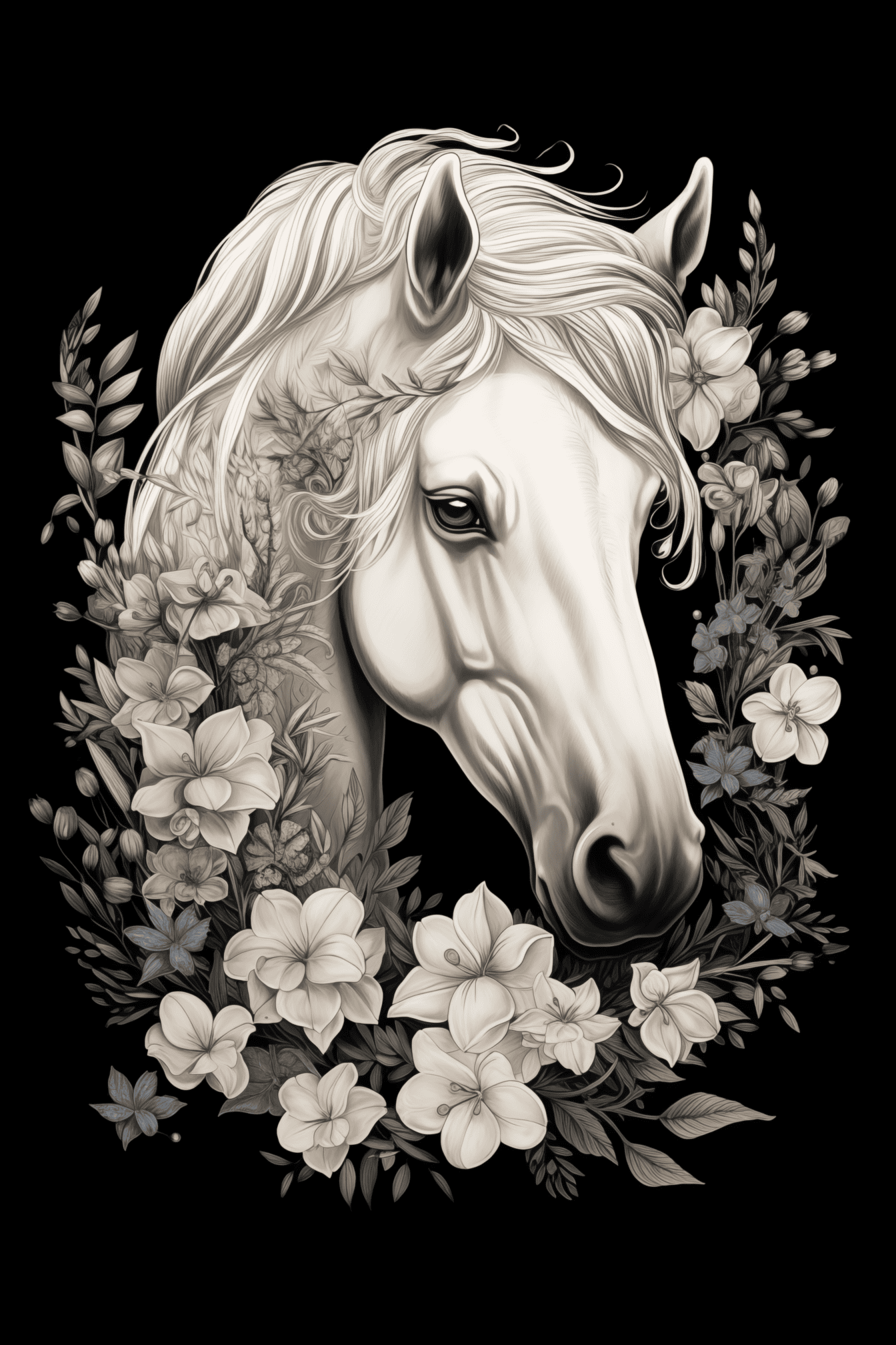 Schöne schwarz-weiße grafische Illustration eines Kopfes eines weißen Pferdes mit Blumen