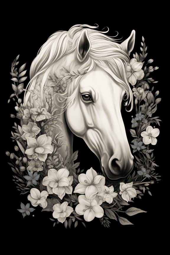 Kaunis mustavalkoinen graafinen kuva valkoisen hevosen päästä kukilla