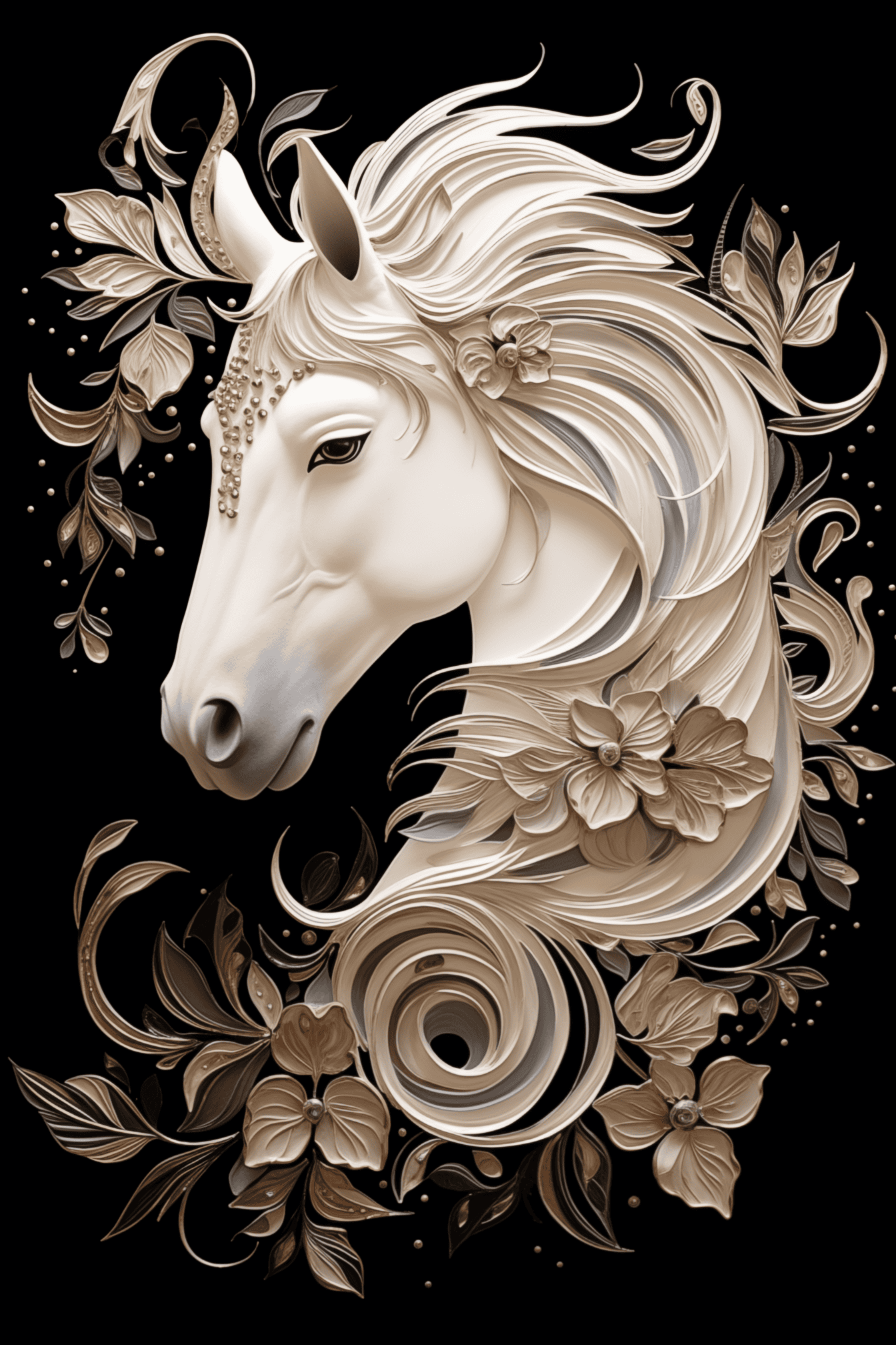 Grafika hlavy bílého koně s květinovou ornamentální výzdobou na černém pozadí