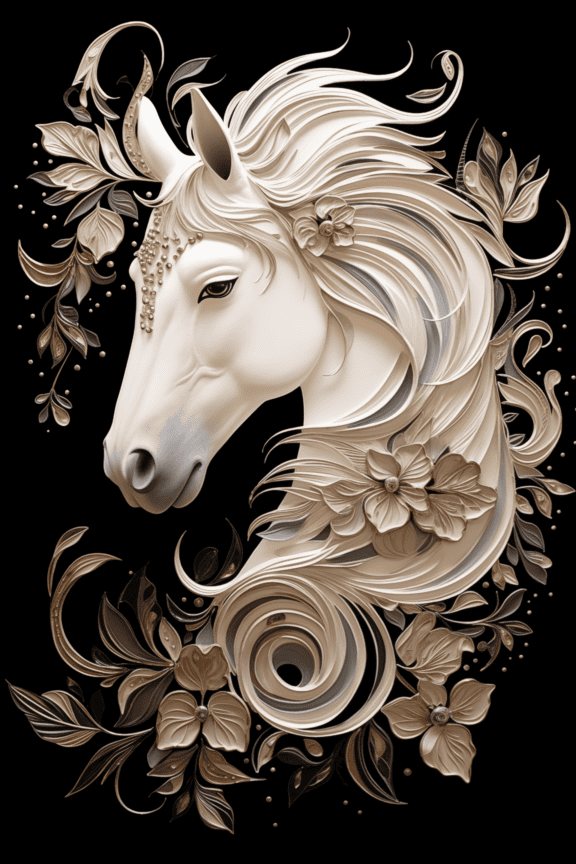 Grafika przedstawiająca głowę białego konia z kwiatowymi dekoracjami ornamentalnymi na czarnym tle