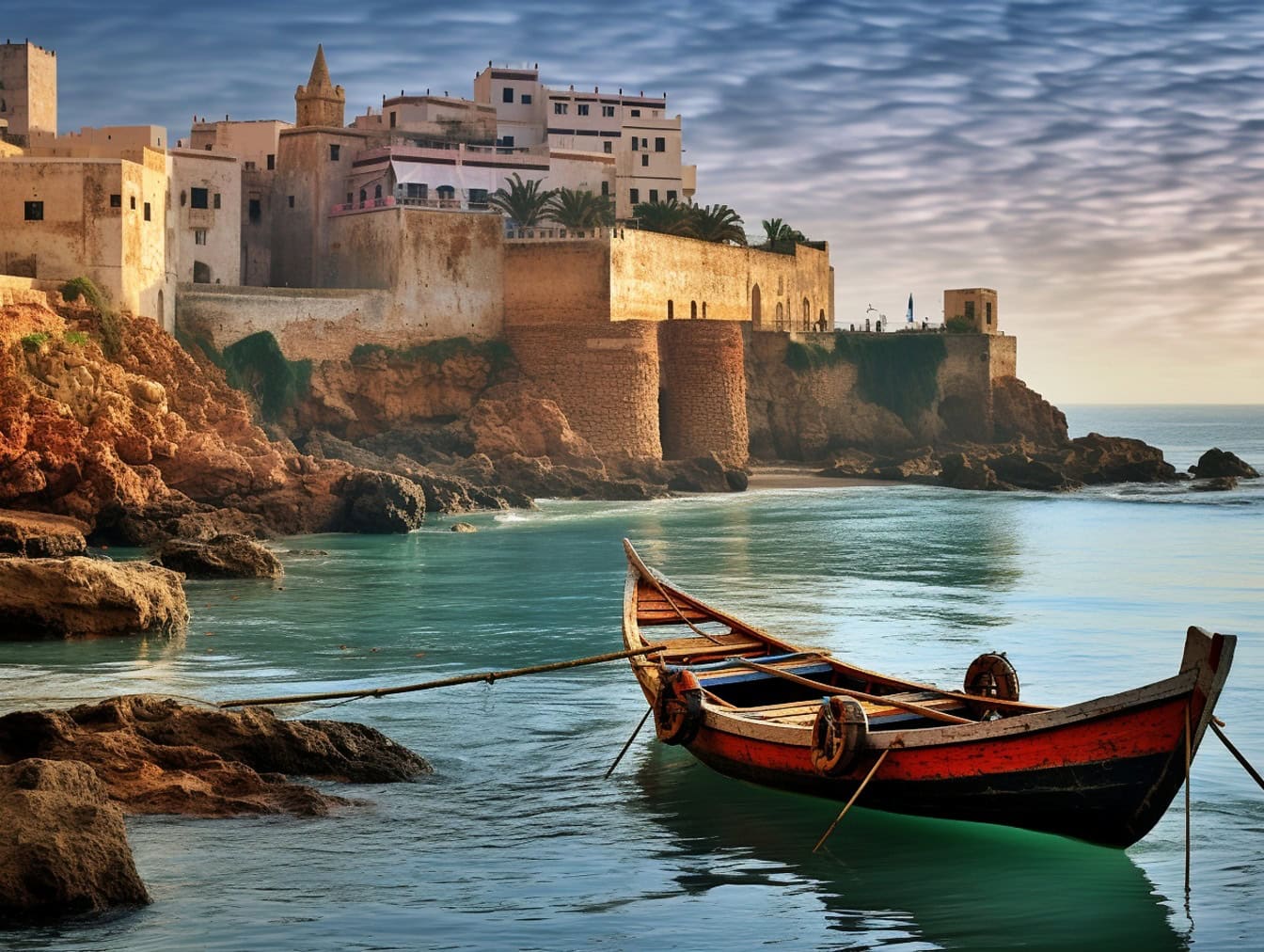 モロッコの海岸に浮かぶ木造船とラバトの古い中世の町を背景に