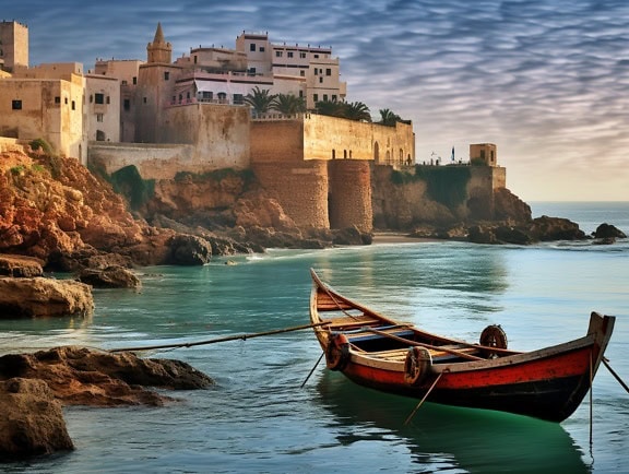 Träbåt på kusten av Marocko med den gamla medeltida staden Rabat i bakgrunden