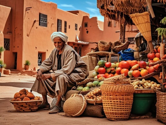 Fas’ın eski kesiminde sokak pazarında bir meyve yığınının yanında oturan geleneksel Arap kıyafetleri giymiş yaşlı adam