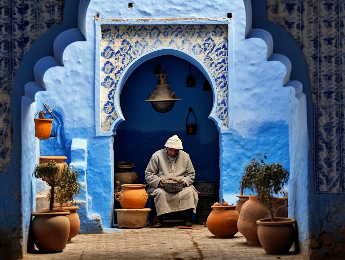 Un vieil homme assis à la porte d’une cour marocaine traditionnelle à côté de pots en terre cuite