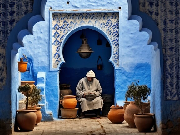 테라코타 냄비 옆의 전통적인 모로코 안뜰 문 앞에 앉아있는 노인