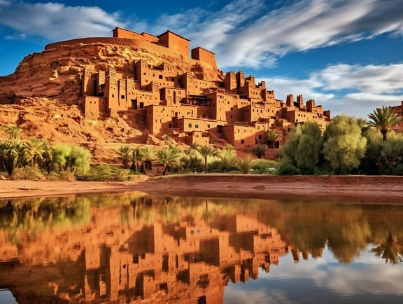 Photo of Ait Benhaddou in Morocco, scenic view of an old town in traditional African architecture style