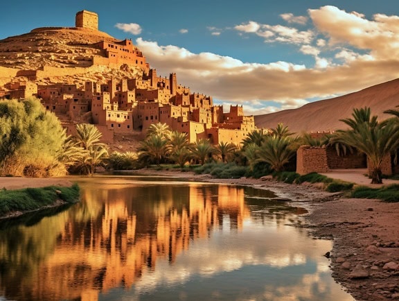 Cityscape of Ait Benhaddou in Morocco, a famous medieval town with traditional African architecture style with an oasis with palm trees