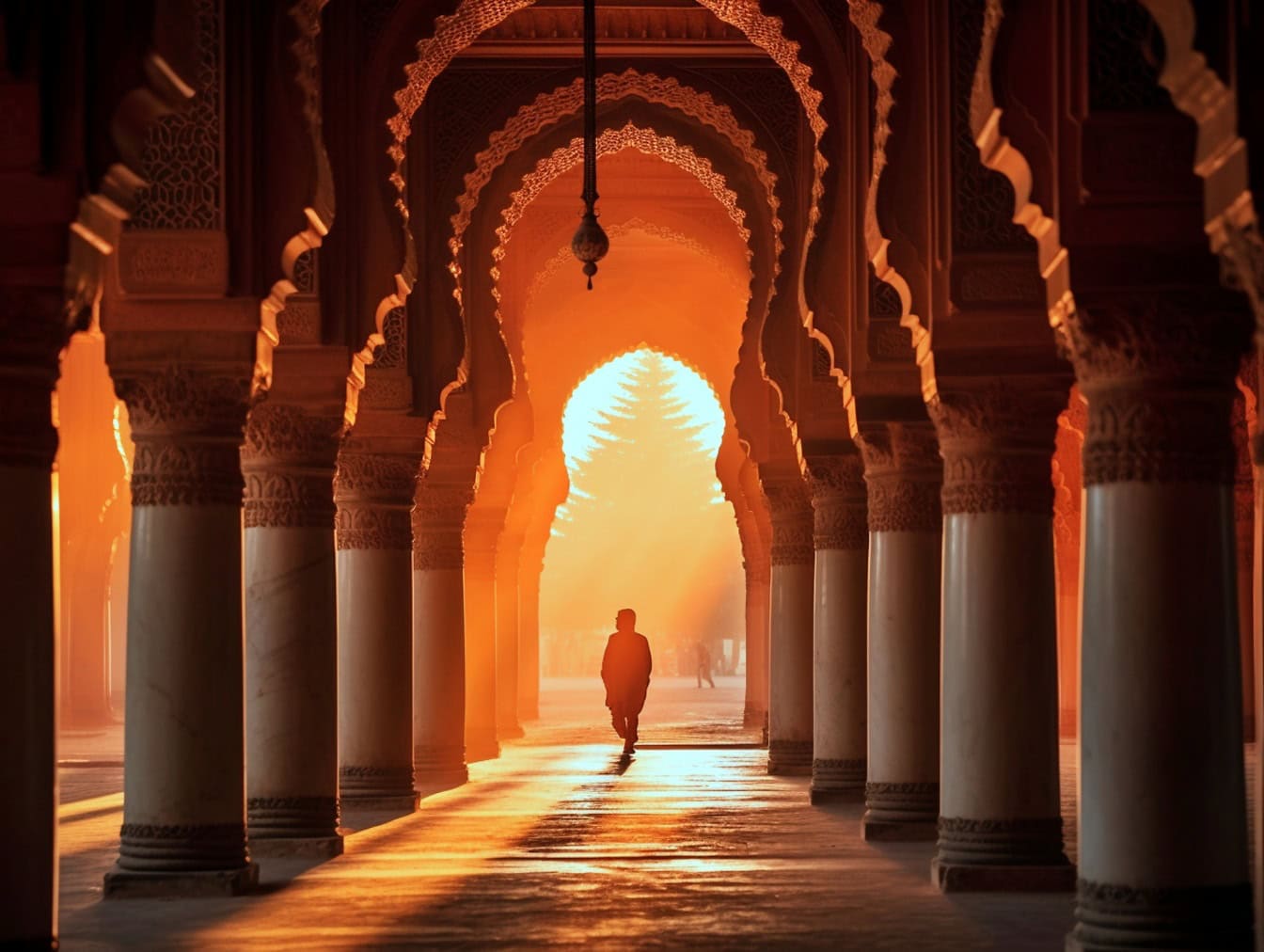Auringonlasku miehen siluetilla, joka kävelee kauniin islamilaisen moskeijan koristeellisen kaaren läpi perinteisellä arabialaisella arkkitehtuurilla