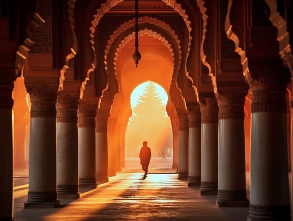 Solnedgang med silhuetten av en mann som går gjennom den utsmykkede buen til en vakker islamsk moske med tradisjonell arabisk arkitektur