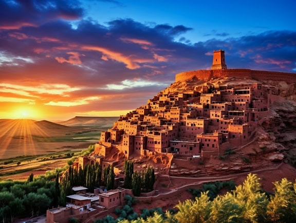 モロッコの有名な中世の町アイト・ベンハドゥの夕日、伝統的なアフリカの建築とヤシの木のあるオアシス