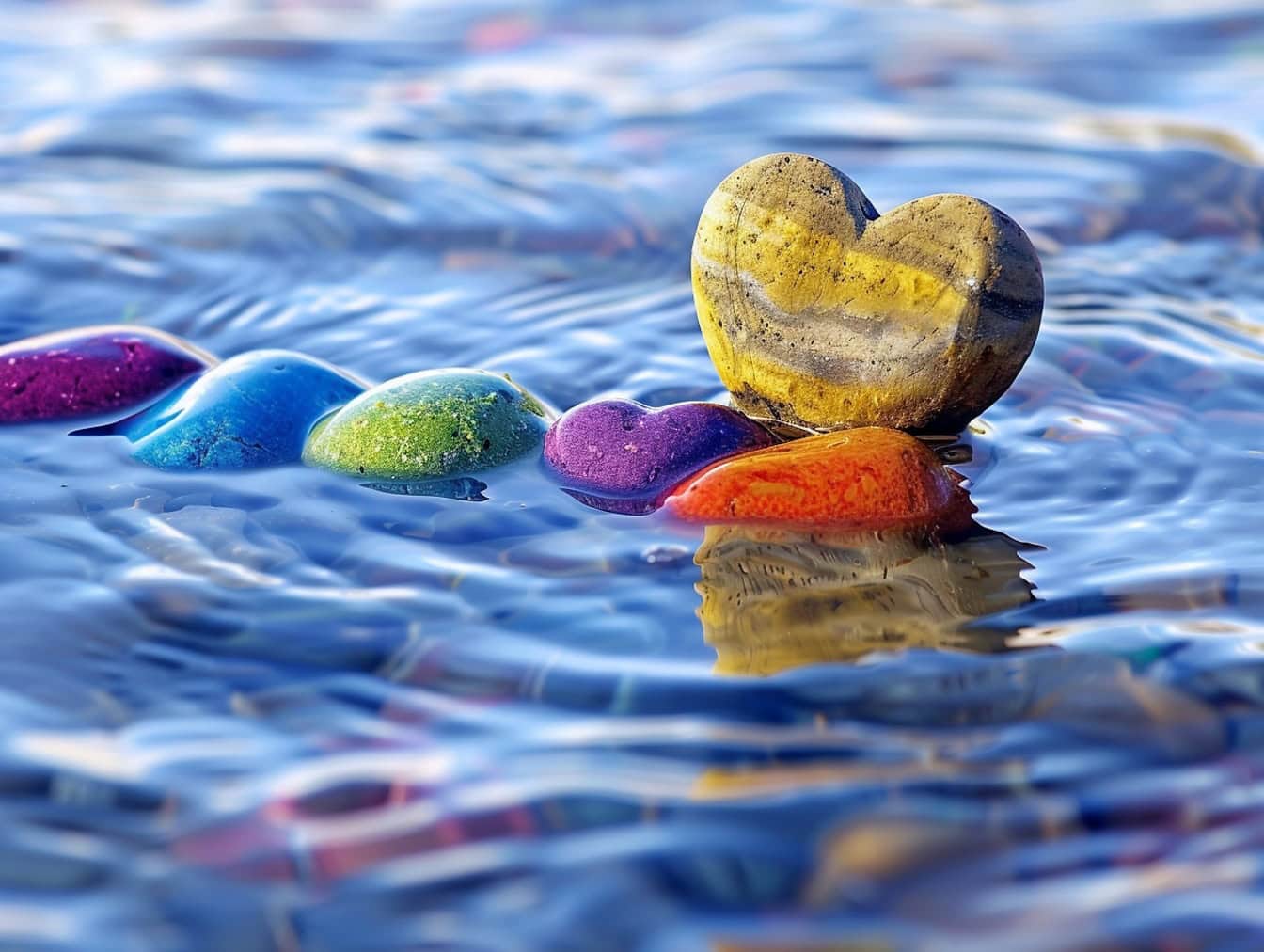 En hjerteformet sten på lavt vand ved siden af andre farverige sten