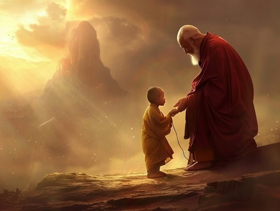 En ældre buddhistisk Shaolin-munk og en dreng, der holder i hånd på toppen af en stenbakke i skumringen, en illustration af at modtage visdom