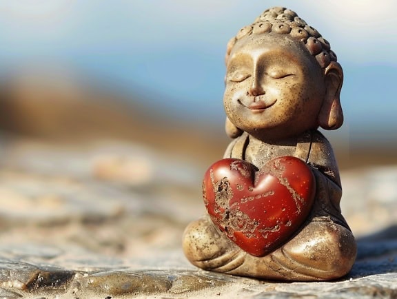 Standbeeld van een glimlachende Boedha die een rood hart houdt, een illustratie van liefde voor God