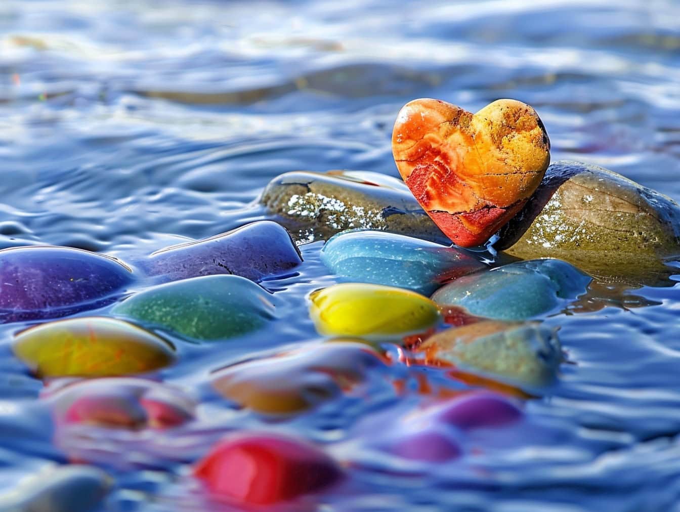 Pedra em forma de coração amarelo-alaranjado em outra pedra colorida na água