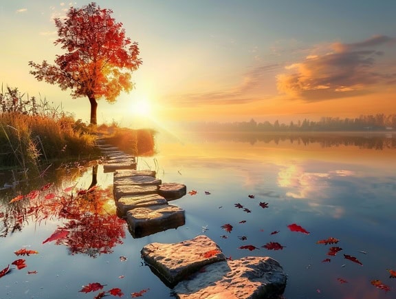 Stone path in calm lake leading to a tree with red leaves with an autumn sunset