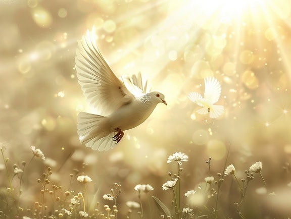 白鸽在白色花朵上方的空中飞翔，以明亮的阳光为背景，是自由的例证