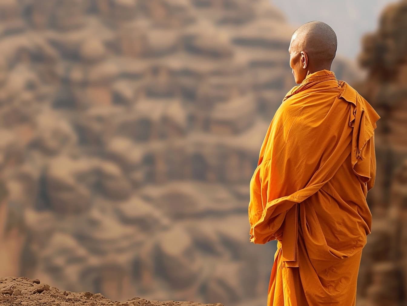 A Buddhist monk with a shaved head stands with his back turned in the desert dressed in an orange robe