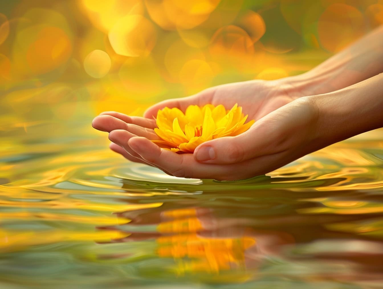 Osoba trzyma w rękach żółty kwiat lotosu tuż nad wodą, ilustrację spokoju i spokoju