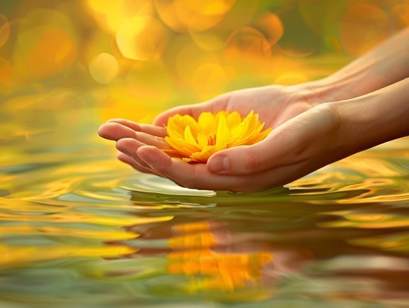 Ένα άτομο κρατά ένα κίτρινο λουλούδι λωτού στα χέρια ακριβώς πάνω από το νερό, απεικόνιση ηρεμίας και γαλήνης