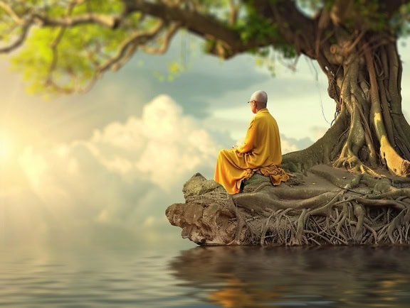En buddhistisk shaolinmunk som sitter og mediterer på en stein under et tre ved siden av stille vann ved solnedgang