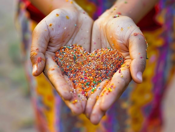 Wanita memegang pasir berwarna-warni di tangannya dalam bentuk hati ilustrasi kelembutan, cinta dan romansa