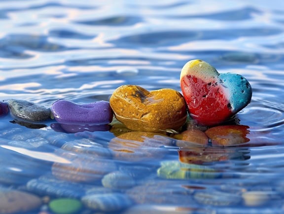 Photomontage of a heart shaped colorful pebble stone in shallow water next to group of colorful pebbles