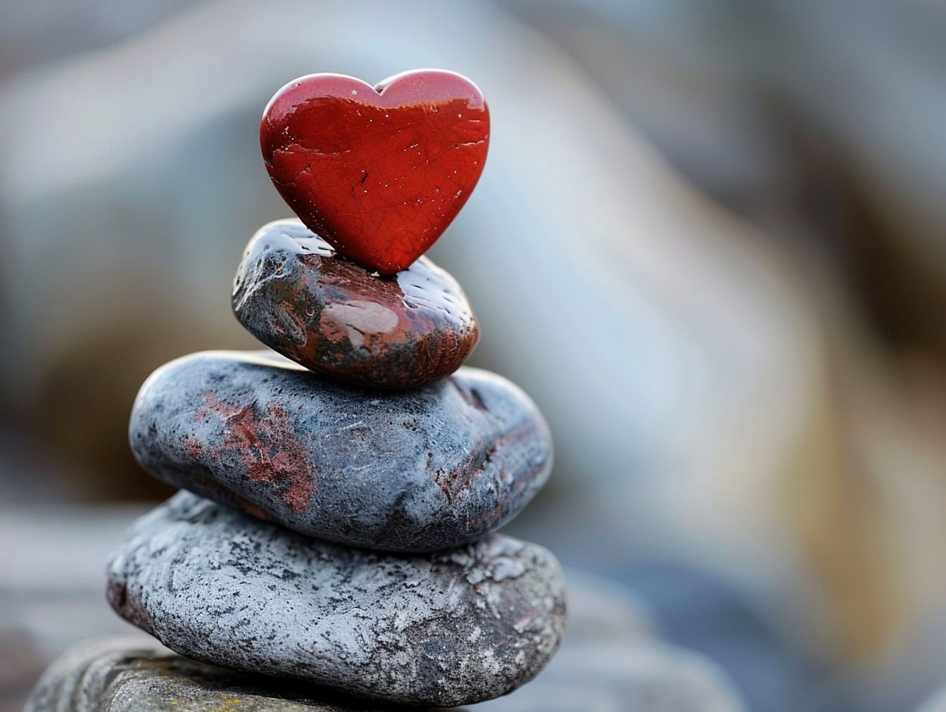 O piatră roșie în formă de inimă deasupra pietrelor stivuite una peste alta