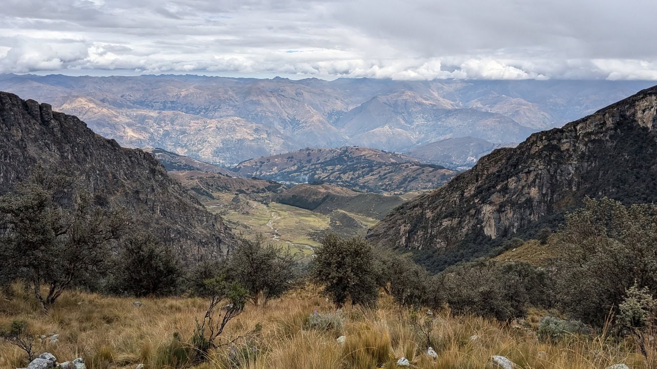 Huascaran milli parkındaki Nevado Hualcan’ın eteklerinde dağların ve ağaçların manzarası, Latin Amerika’nın doğal bir manzarası