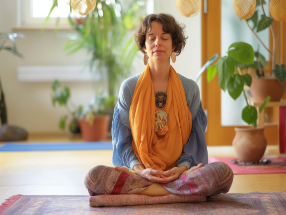 Una praticante di yoga si siede sul pavimento con gli occhi chiusi in una posa per la meditazione