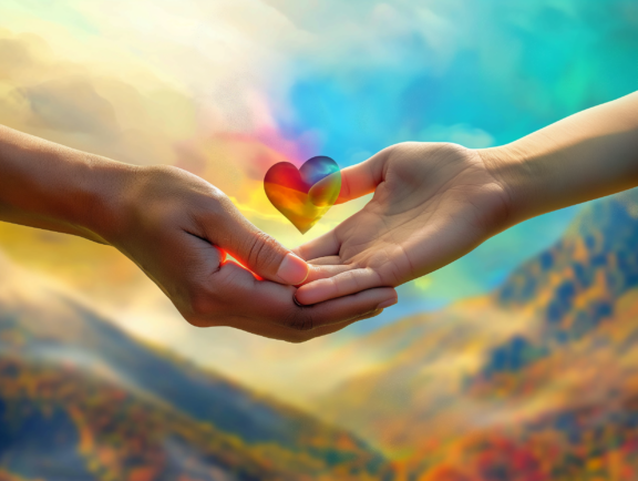 De handen van twee vrouwen met een hart in regenboogkleuren, een illustratie van liefde