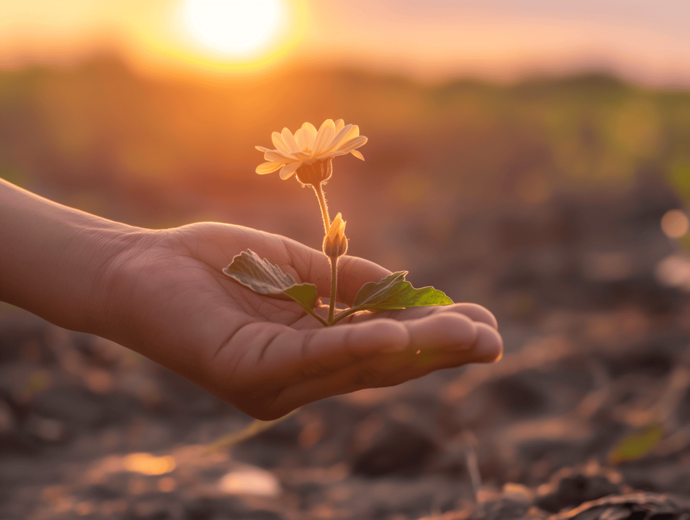En blomst i håndfladen med svagt sollys ved solnedgang som baggrund