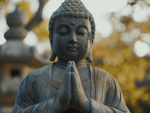 Standbeeld van Shakyamuni Boeddha, een spirituele leraar met gevouwen handen in een gebedspositie