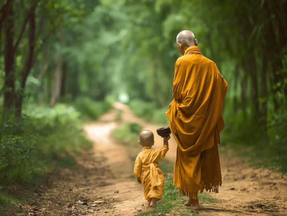 En ældre buddhistisk munk og barn klædt i en gullig kappe går på en skovsti