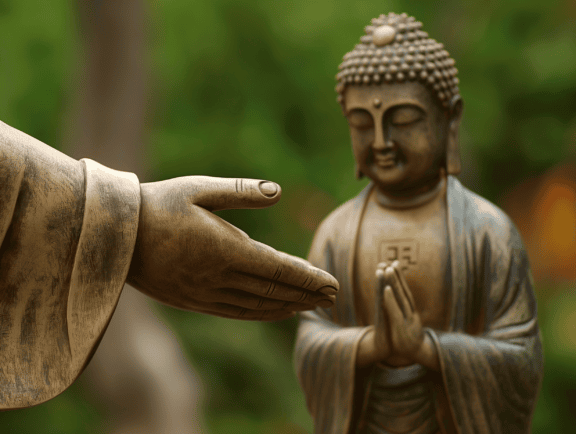 Bronsbeeld van de hand van een persoon die zich uitstrekt naar een standbeeld van een van Shakyamuni Boeddha in meditatiepositie