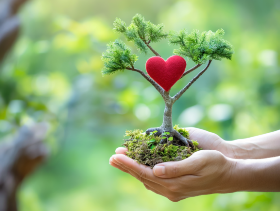 O persoană care ține un copac bonsai în mâini cu o inimă roșie pe el, o ilustrare a dragostei pentru natură