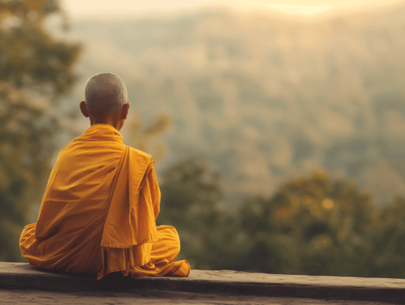 A Buddhist monk sitting in a meditation-pose on the edge and looking at the mountains