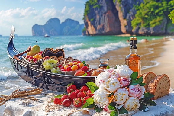 Różne owoce i butelka whisky na stole na plaży, ilustracja idealnych letnich wakacji z piknikiem na tropikalnej plaży
