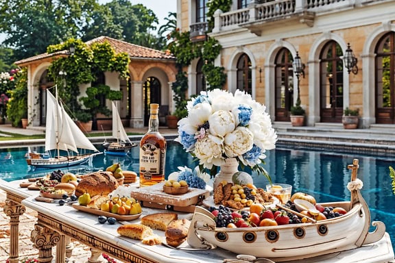 Eettafel en fles alcohol bij het zwembad van een luxe villa