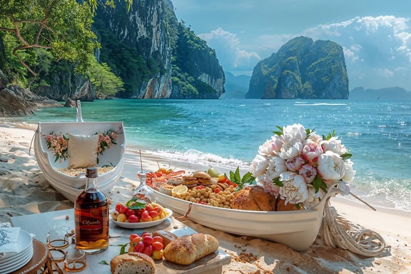 Piquenique na praia do mar com um pequeno barco branco cheio de comida e flores, ilustração de férias de verão perfeitas
