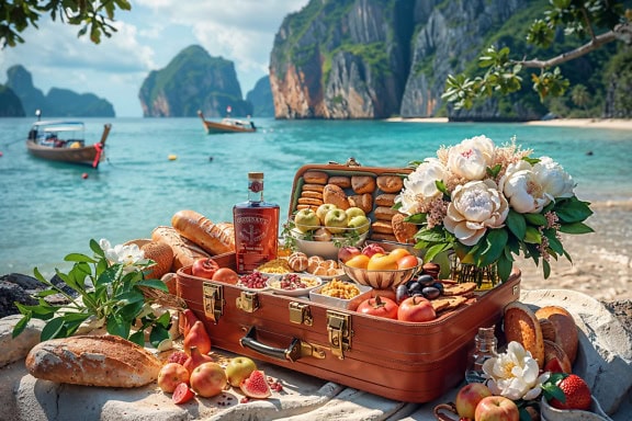 Piquenique na praia com um pão e frutas em caixa de viagem antiga