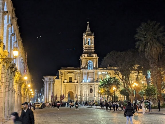 Monumental plaza with Arequipa’s cathedral in Peru at night