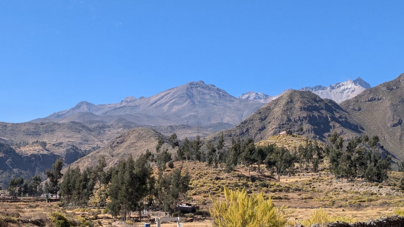 페루의 자연 공원 지역에서 산과 나무가있는 풍경의 경치 좋은 전망