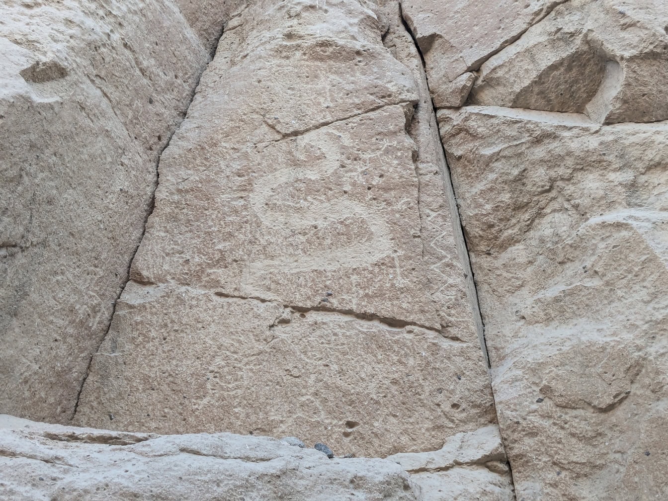 En helleristning hugget i stein som viser et dyr som ligner en slange eller drage, en steinalderkunst funnet i Peru i Sør-Amerika