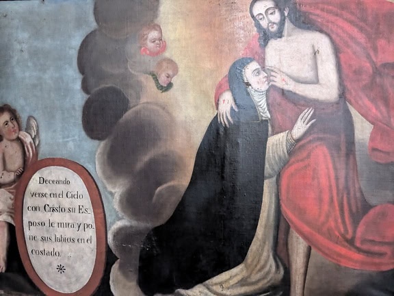 Un affresco di Gesù Cristo di Nazareth con una suora in un monastero cattolico in Perù, un’opera d’arte cristiana latinoamericana medievale
