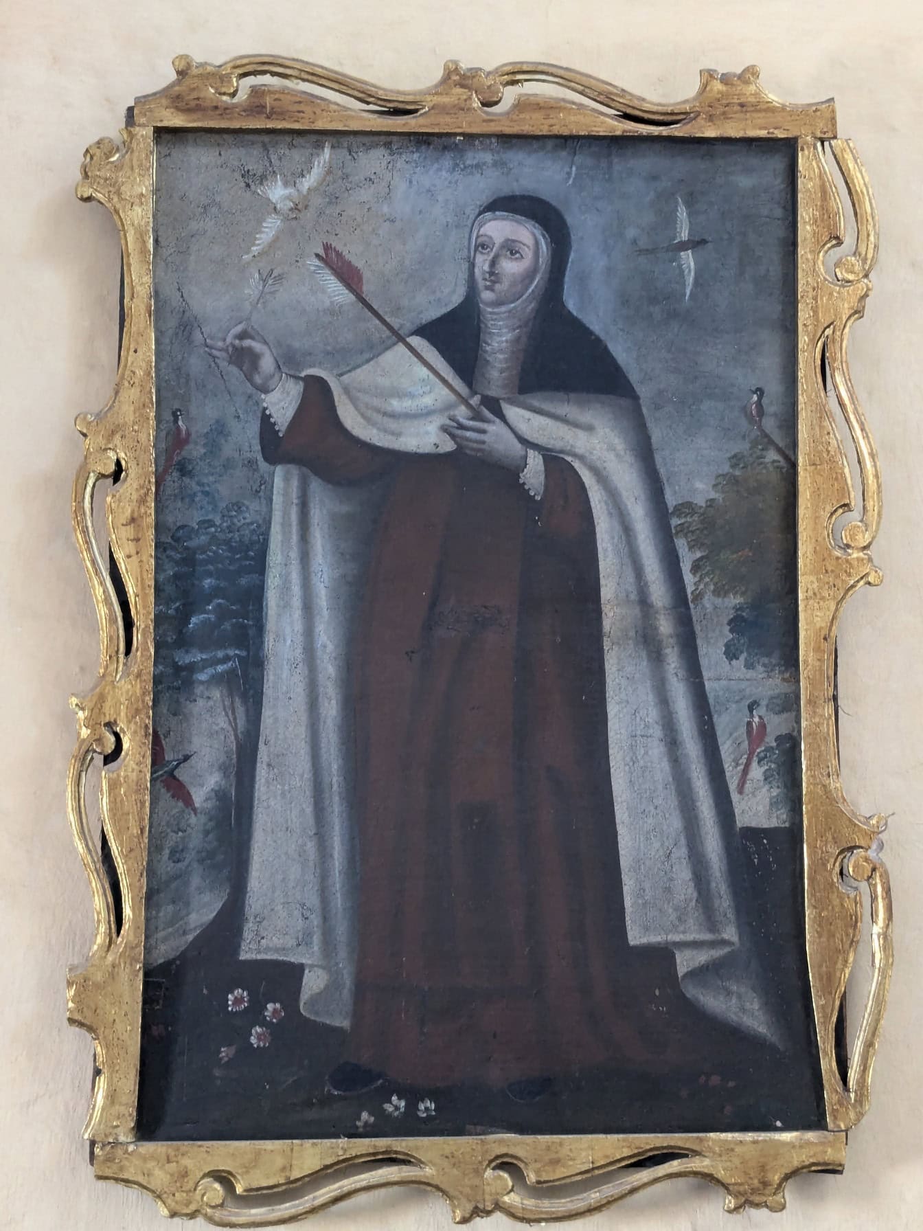 中世纪的油画，一个修女被箭击中