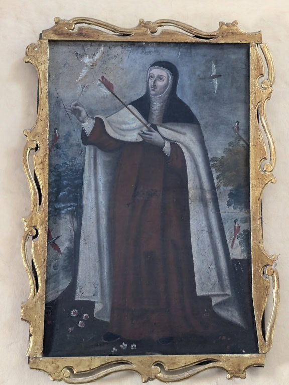 Mittelalterliches Ölgemälde einer Nonnenfrau, die von einem Pfeil getroffen wird