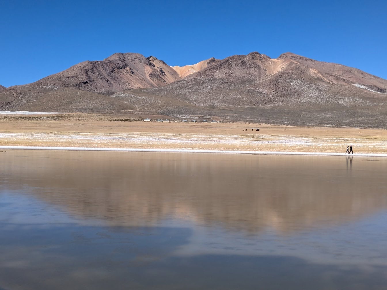 Panoraama Salinas-järvestä, suolajärvestä Arequipassa Perun Andeilla, vedestä, taustalla vuoret